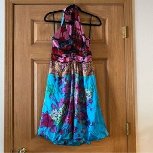 Vintage Aftershock Y2K 100% Silk Floral Tie Dots Halter Midi Dress Size Large